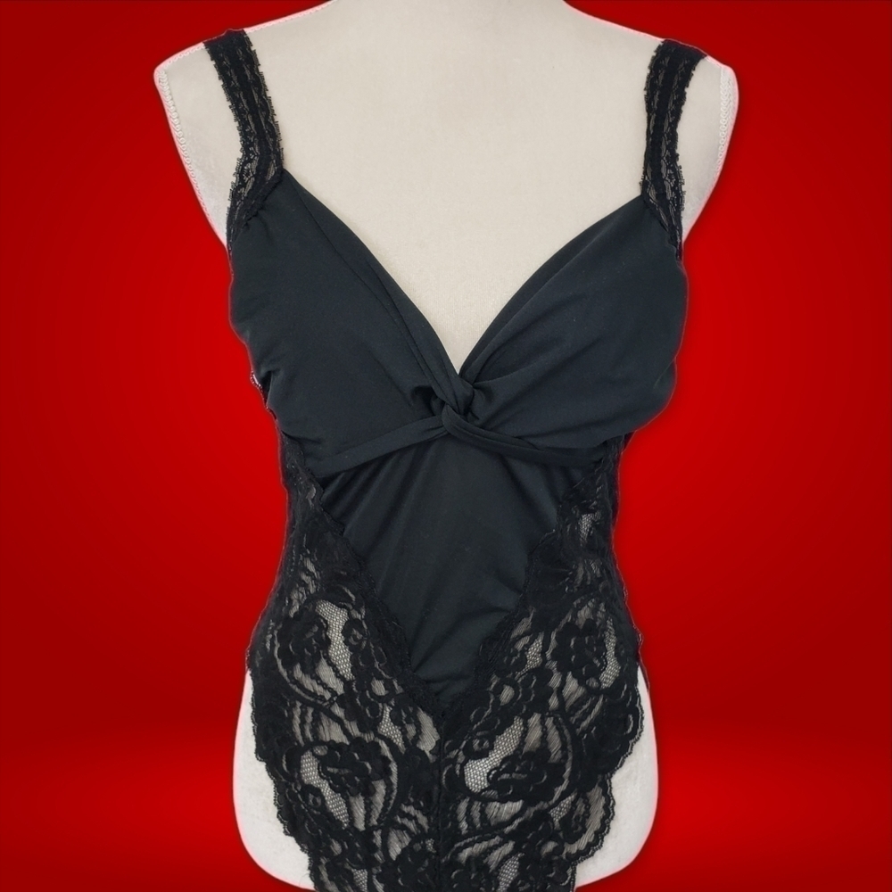Vintage Delicates Teddie Black L USA Black with Lace Snaps Crotch VGUC